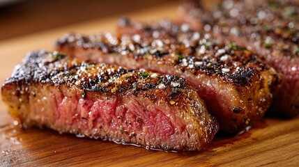 Grilled beef steak slices cooking medium-rare on wooden board