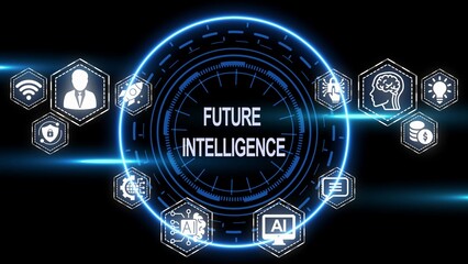 Obraz premium Future Intelligence Concept with Digital Icons and Neon Circle on Black Background artificial intelligence