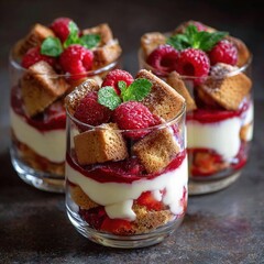 Raspberry trifle dessert cups with mint garnish