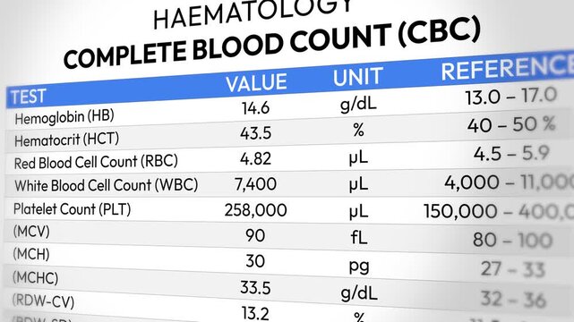 CBC Test Report, Complete Blood Count, Medical Science, Hemoglobin Levels, White Cell Count, Platelet Evaluation and Health Screening. Random CBC Test Report Video Animation
