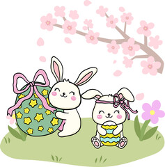Sweet easter bunny with cherry blossoms and spring flowers