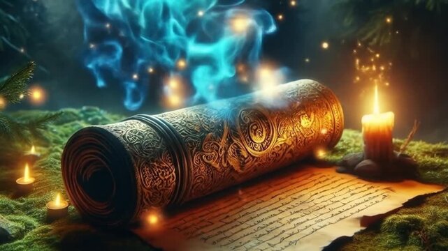 Mystical scrolls of ancient spell paper illuminating candles with magical smoke and sparkling firelight in a dark enchanting room