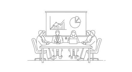 Fototapeta premium Business meeting vector illustration with people sitting around a table and presentation screen.