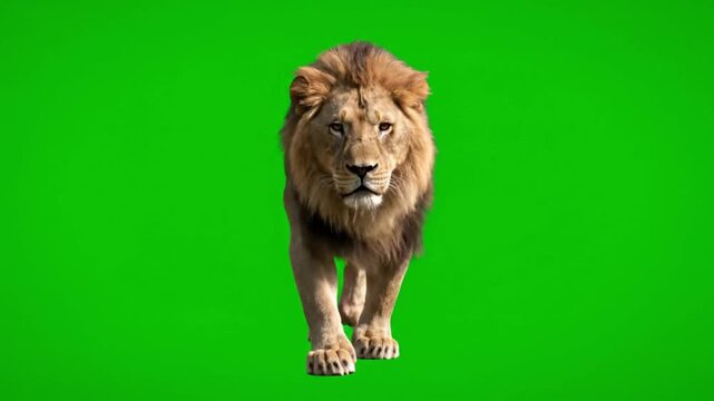 Majestic Lion Walking Across Bright Green Screen Background in Studio Setting