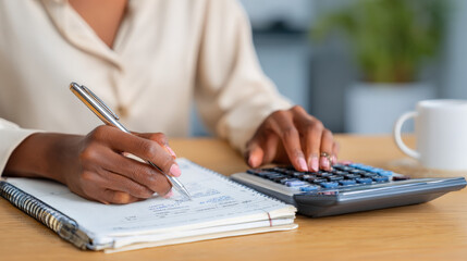 Fototapeta premium A woman is writing in a notebook and using a calculator. She is focused on her work and she is in a serious mood
