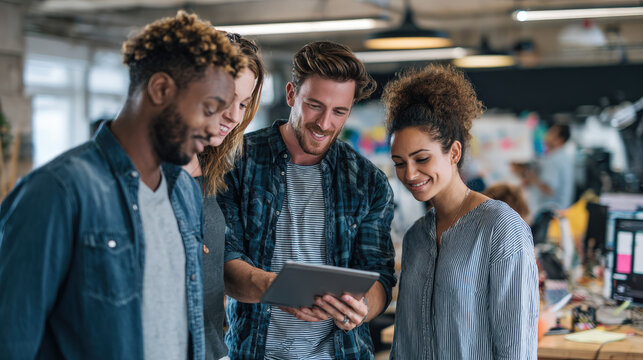 A group of people are gathered around a tablet, looking at something on it. Scene is friendly and collaborative, as the group seems to be working together on a project or discussing something