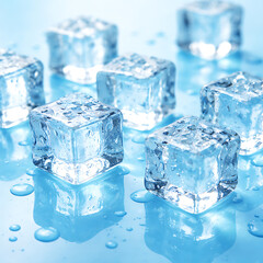Seven ice cubes glistens with droplets of water on a reflective surface. The image showcases the translucent nature and texture of ice