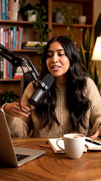 Engaging vertical podcast recording session with a presenter. She discusses insightful topics while connecting with the audience. Cozy atmosphere enhances creative conversation.