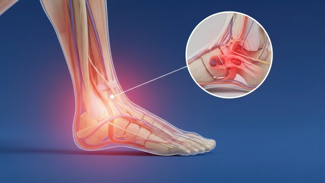 Foot and ankle anatomy with vessels and nerve inset showing joint detail, foot injury, ankle pain guide