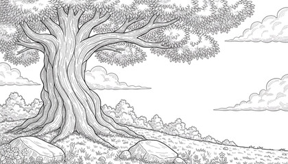 Obraz premium Ancient Gnarled Tree Line Art Coloring Page for Kids Nature Education Peaceful Growth and Stability Illustration
