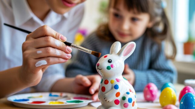 A woman and a child paint colorful dots on a ceramic bunny, surrounded by painted Easter eggs, engaging in a festive craft activity indoors.
