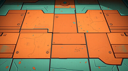 Stylized Sci-Fi Industrial Floor Texture with Vibrant Orange and Teal Panels for Game Art Background