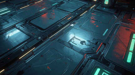 Stylized Sci-Fi Futuristic Floor Texture with Hand-Painted Metallic Panels, Vibrant Neon Glowing Accents and Industrial Cyberpunk Design for Game Environment Background