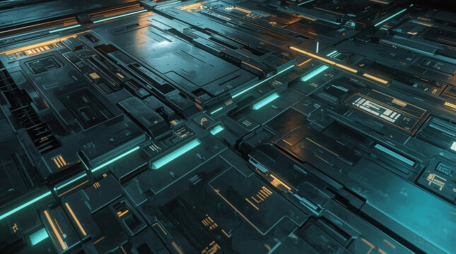 High Tech Sci-Fi Mechanical Surface Texture with Stylized Teal and Orange Neon Lights for Cyberpunk Game Backgrounds
