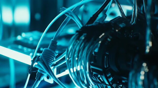 Intricate tangle of glowing blue cables and wires forming a dense digital network in a high tech data center, evoking futuristic communication and advanced computing systems