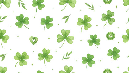 Watercolor Green Shamrock Seamless Pattern for St Patricks Day Background Web Design and Lucky Spring Festive Decor