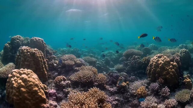 Vibrant underwater coral reef scene with sunbeams penetrating clear blue water, diverse corals and small tropical fish swimming above the reef