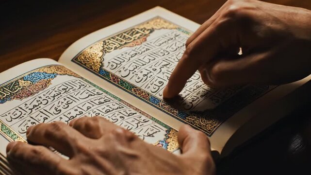 Person reading sacred Quran with ornate script and gilded pages