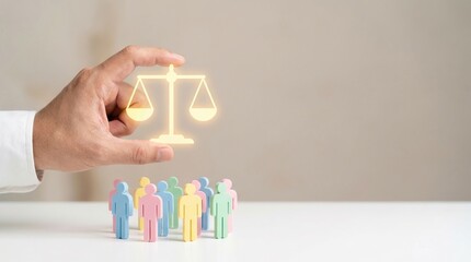 justice, law, equality, fairness, diversity, human rights, business ethics concept with a hand holding a glowing scale over colorful people figures for legal and social balance.