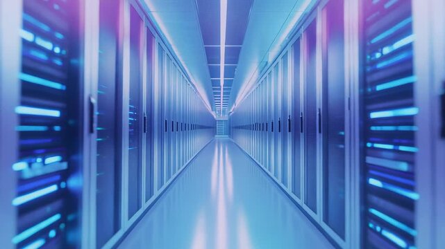 Server room aisle features computing racks storing digital information and facilitating modern communication, cloud services, big data, and artificial intelligence infrastructure
