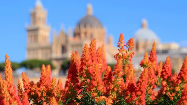 Sunlit Flowers With Historic Architecture. Bright Orange Blossoms Framing Historic Religious Building Scene
