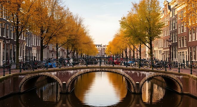 Amsterdam canal bridge with bicycles and buildings in autumn season