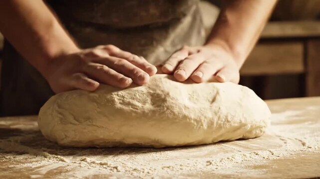 Extreme close-up cinematic shot of a professional baker&rsquo;s hands pressing into a mound of soft bread dough on a lightly floured wooden surface