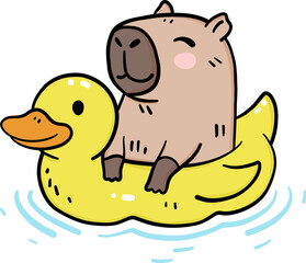 Cute capybara floating in yellow duckie ring cartoon hand drawn