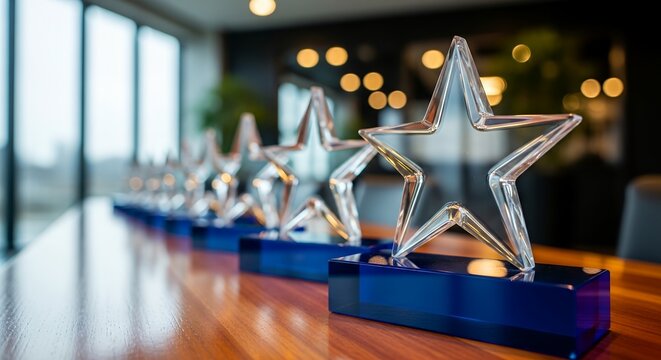 A row of five crystal stars are on a table. The stars are all different sizes and are placed in a row