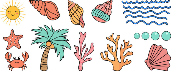 Hand drawn doodle beach For summer tropical sea elements with sun, seashells, waves, palm tree, coral, crab and starfish vector set for summer designs, t-shirts, posters, and placard prints. © MDMahmudul