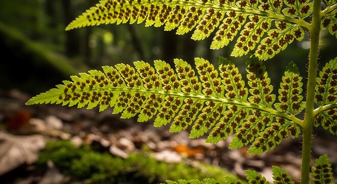 Close up of fern frond showing details of sori spores on underside