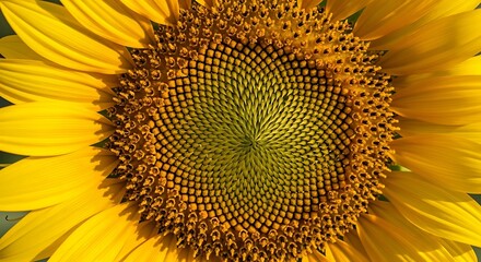 Close up of sunflower head with yellow petals and seeds in spiral pattern