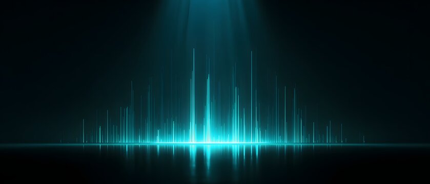 Abstract glowing neon lights form an energy wave pattern on a dark reflective surface