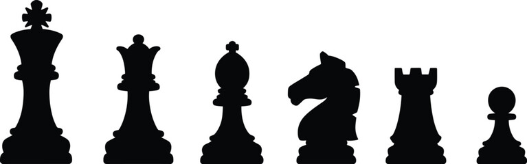Black chess pieces silhouettes set including king, queen, bishop, knight, rook and pawn on white background, strategy board game illustration for competition concept. © Itz Jisan