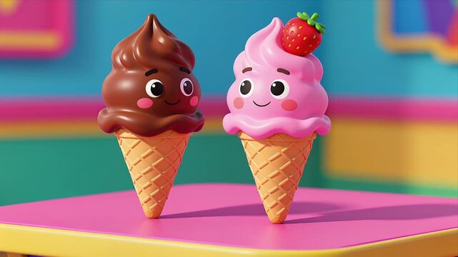 Two Cute Animated Ice Cream Cones Smiling Together On Colorful Table In Vibrant Cartoon-Style 3d Render Perfect For Children&rsquo;s Content