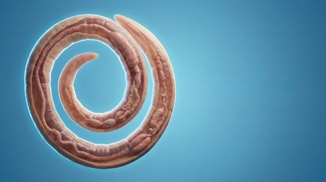 Detailed illustration of a parasitic roundworm coiled in a spiral shape on a blue background, representing a common intestinal parasite.