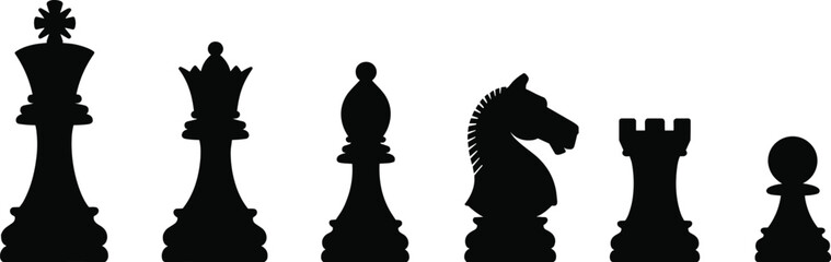 Set of black chess piece silhouettes including king, queen, bishop, knight, rook and pawn on white background, classic strategy board game illustration concept. © Itz Jisan