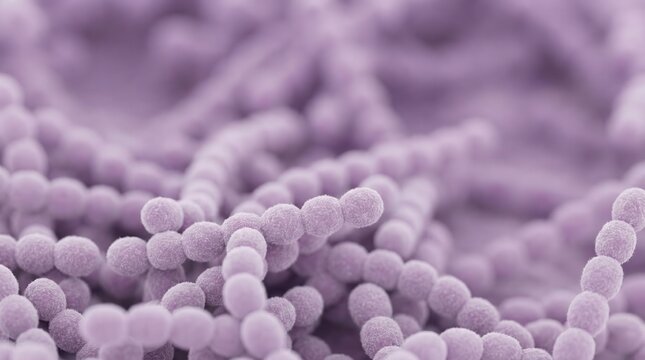 Close-up view of numerous purple spherical bacteria arranged in long, interconnected chains, resembling streptococci under a microscope.