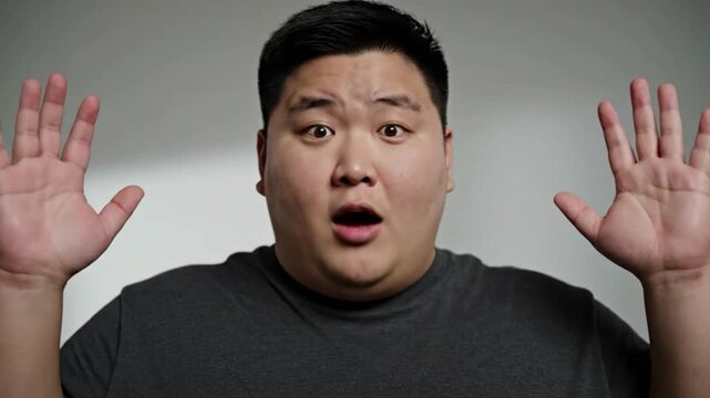 Surprised plus-size Asian man raising his hands with a shocked expression in soft studio light, expressing strong emotion, reaction, and human surprise in a clean cinematic portrait scene.