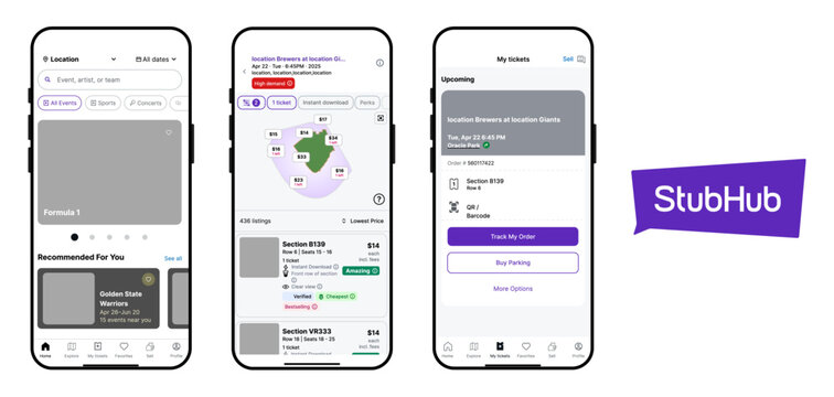 StubHub Event Ticket Booking App UI on iPhone 17 &ndash; Seat Map, Pricing & Digital Tickets