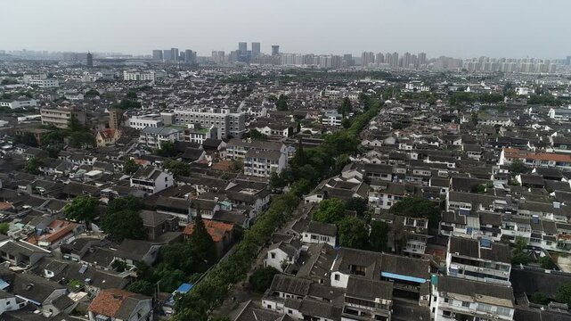 Drone shot of historic neighborhood of Suzhou old town in China
