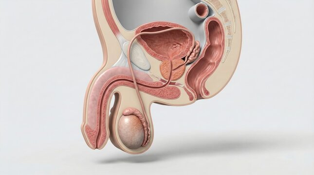 Detailed anatomical illustration of the male reproductive and urinary systems in sagittal view.