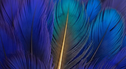 Fototapeta premium Macro of colorful blue feathers with gold quill texture