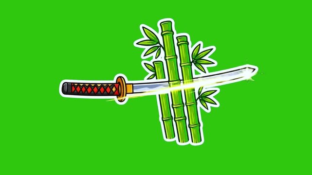 Sharp katana sword slicing through bamboo stalks with a flash effect on a green screen.