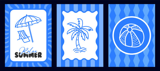 Set of summer poster in doodle naive style. Beach umbrella, lounge chair, palm tree and beach ball illustrations on blue striped background. Trendy design for cards, wall art , Poster Design © MDMahmudul
