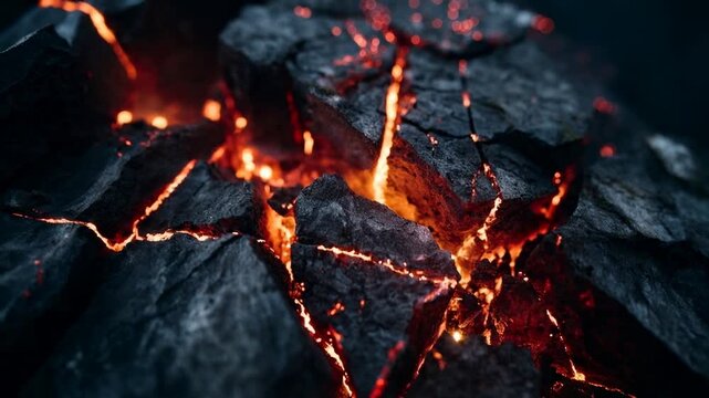 Cracked volcanic surface with glowing lava fissures radiating intense heat and dramatic texture symbolizing raw power of nature and geological activity