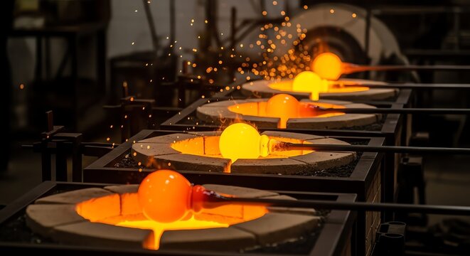 Molten glass being shaped into spheres by artisans in a traditional glassblowing workshop.