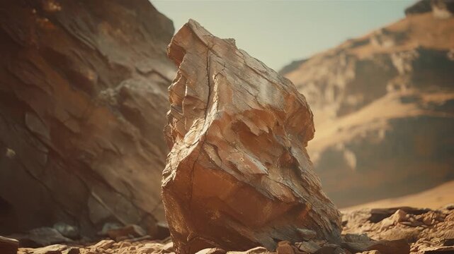 Rugged sandstone rock formation rising from a barren arid canyon, weathered and cracked by erosion, showcasing raw geological texture and vast, sunlit desert landscape