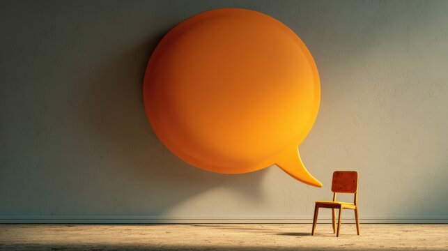 A surreal image depicting a speech bubble and a chair. This conceptual image conveys the idea of communication, dialogue, or waiting for feedback.