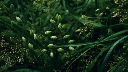 Delicate green seed pods and grass stalks create a serene natural composition with a moody, dark,